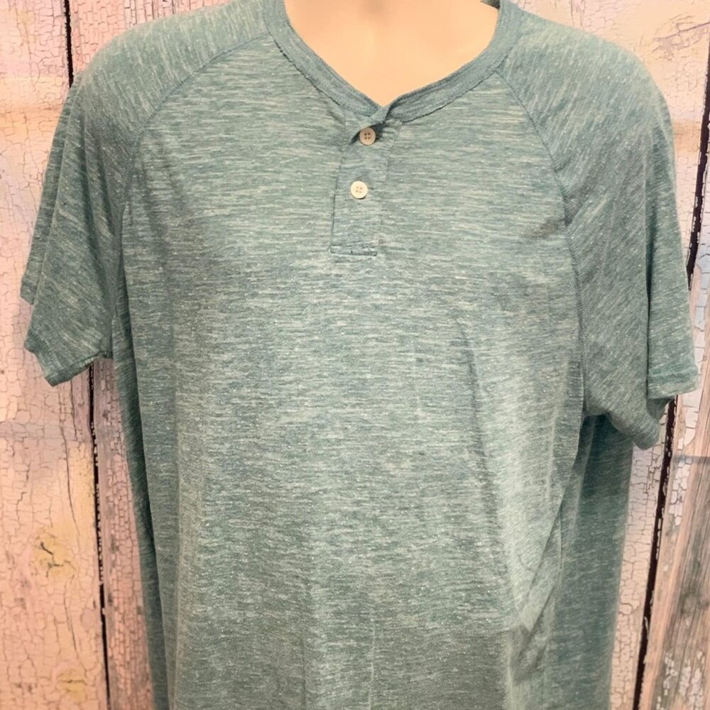 Men's Gently Worn Teal & White Blended Crew Neck Top with 3 Buttons on Chest